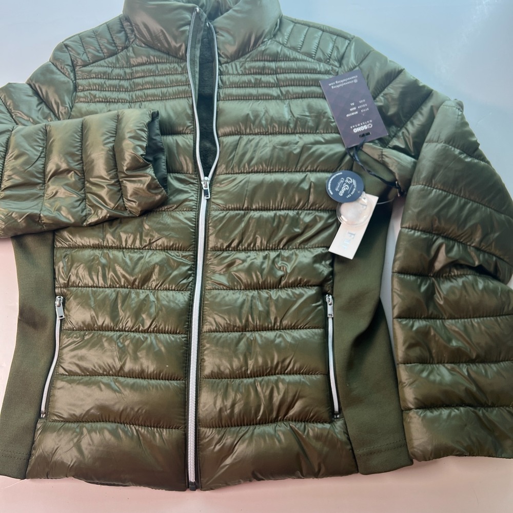 Ci Sono Women Puffer Jacket Sz XL Green Outerwear with Faux Fur & Side Knit NWT - Picture 2 of 16